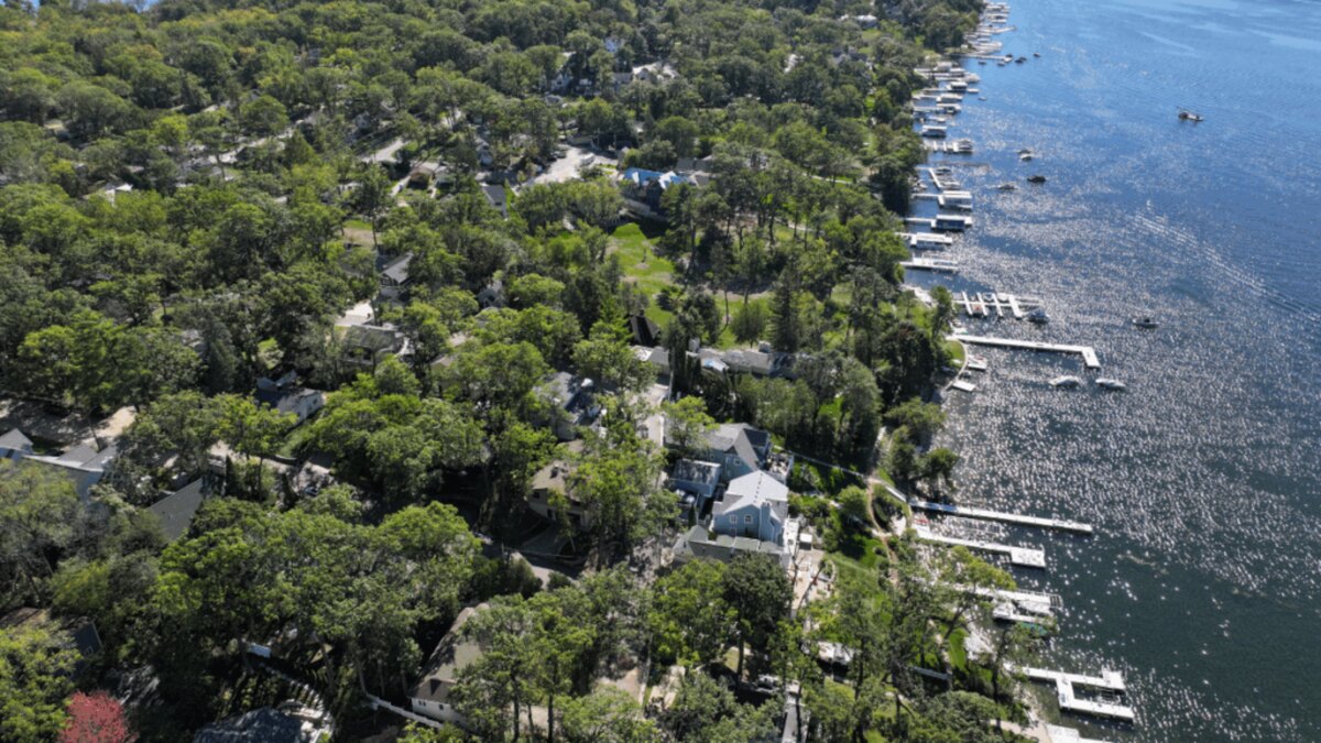 Aerial view of the wooded Cedar Point shoreline and its piers