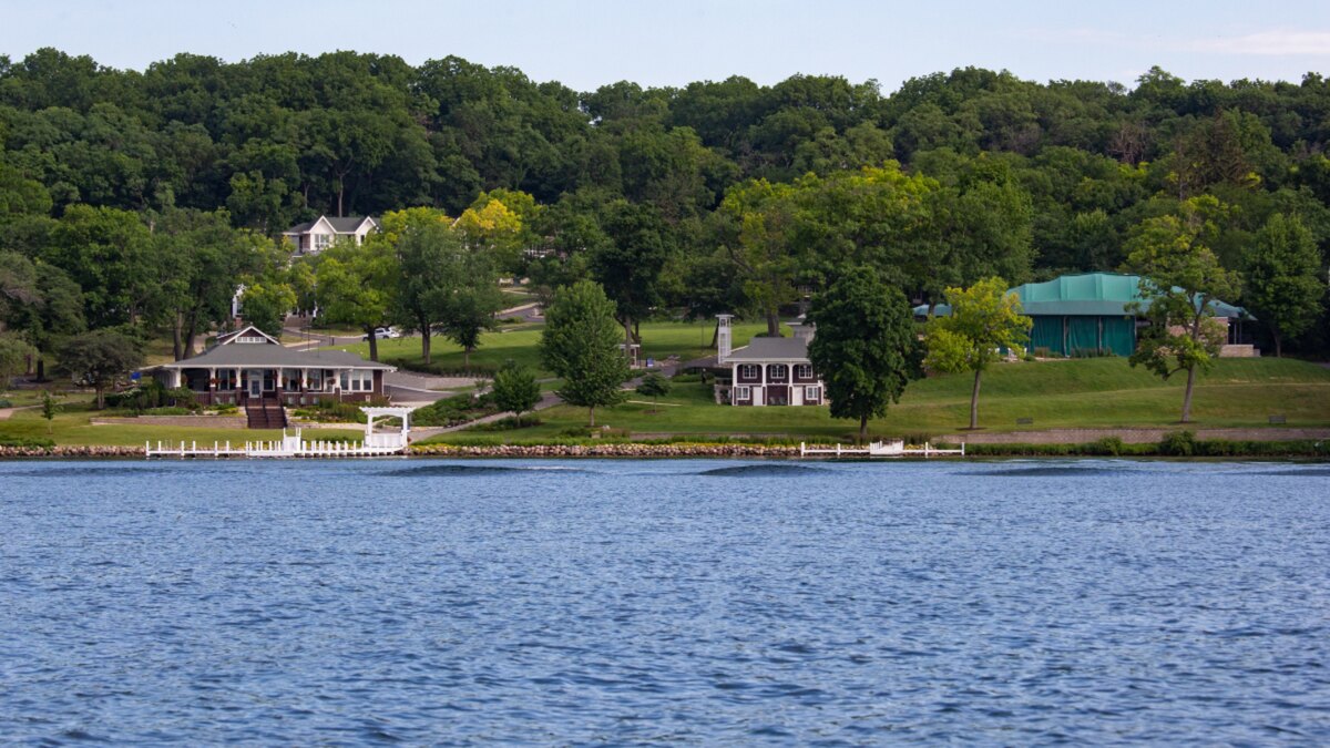 The former George Williams College lakefront campus seen from the water
